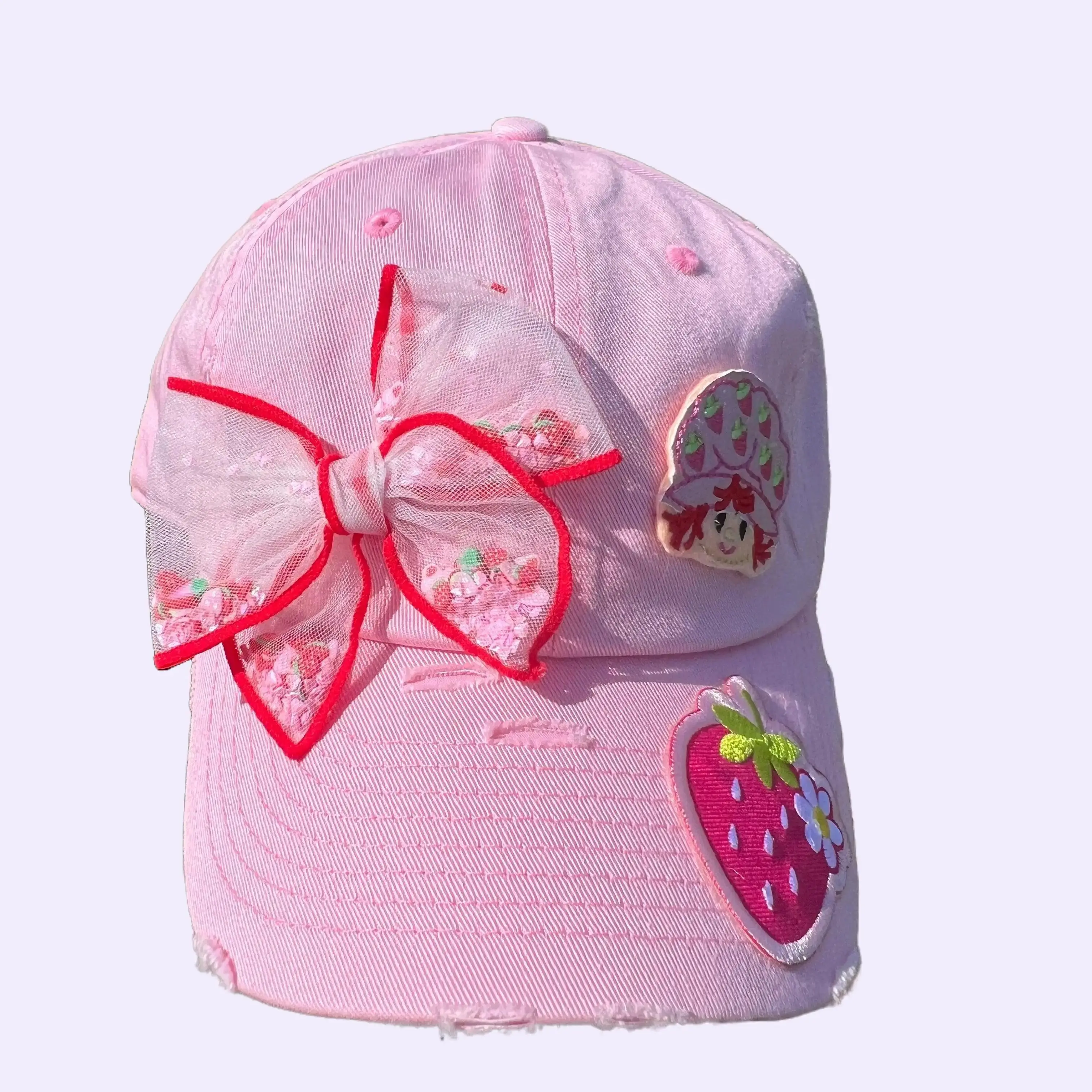 Pink Strawberry Fields Trucker Hat with Hand-Embroidered Felt Patches & Playful Shaker Bow Adjustable Back Closure for Vintage Vibes Retro Style Statement