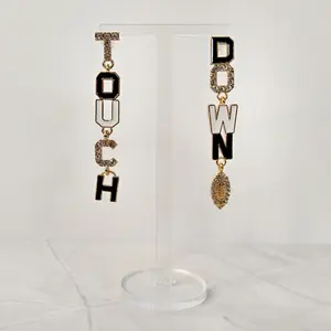 #371 Asymmetrical "Touch Down" with Football & Rhinestones Stud Earrings- Casual Football Sports Jewelry