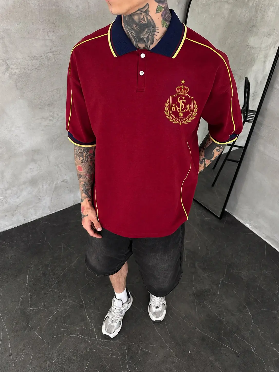 Vintage Red Polo Shirt for Men & Women – Gold Embroidered Crest, Navy Contrast Collar & Trim, Retro Football-Inspired Soccer Style, Oversized Unisex Casual Streetwear Top