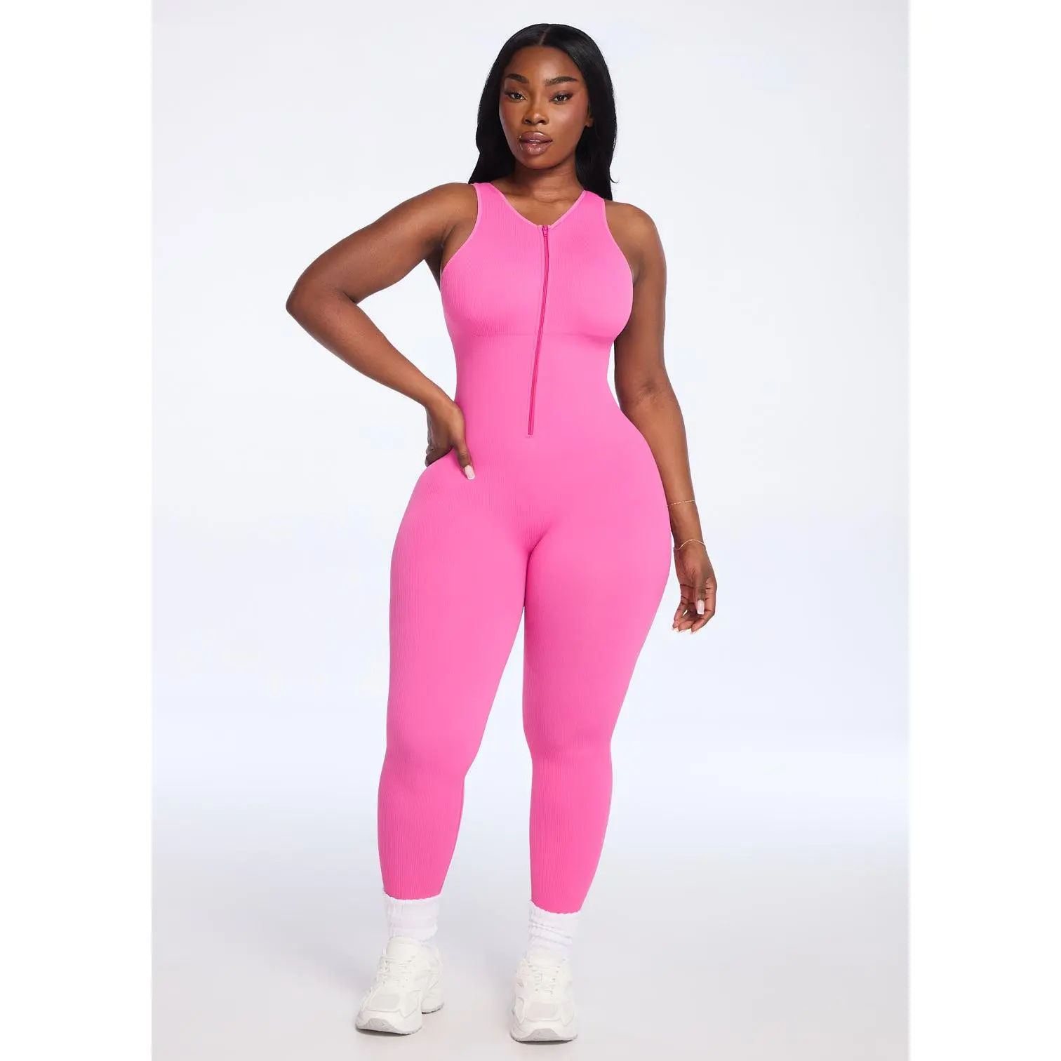 She's Waisted SnatchedKnit Front Zip Jumpsuit - Fitted Seamless Ribbed  Compression Activewear for Fitness & Workout Gym Wear - TikTok Shop
