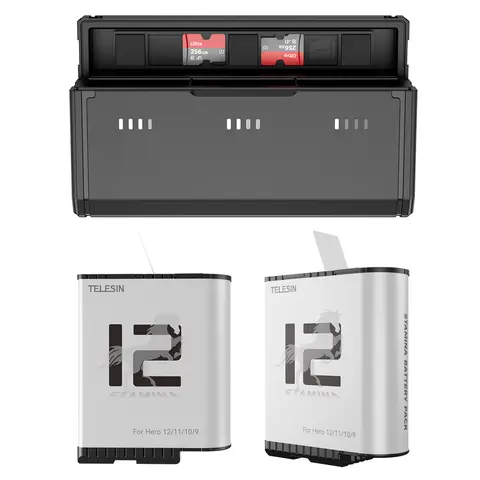 TELESIN 2-Pack Chargeable Enduro Battery & Portable Charger Case for Hero 12/11/10/9/8, OEM-Level Quality, Pocket-Sized Fast Charging, Black Camera Accessory