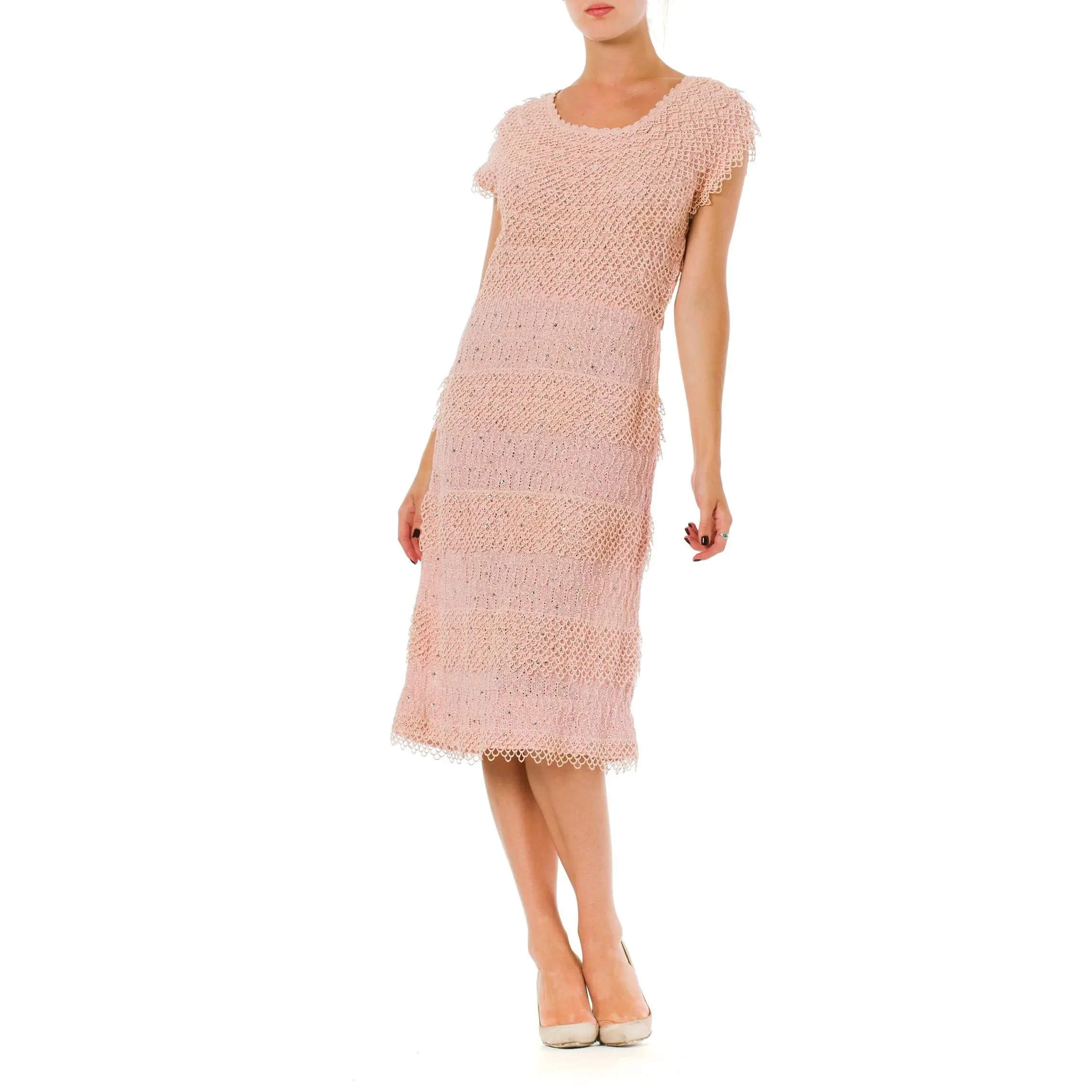 1950S Baby Pink Cotton Blend Knit Wiggle Dress With Scalloped Lace & Crystals