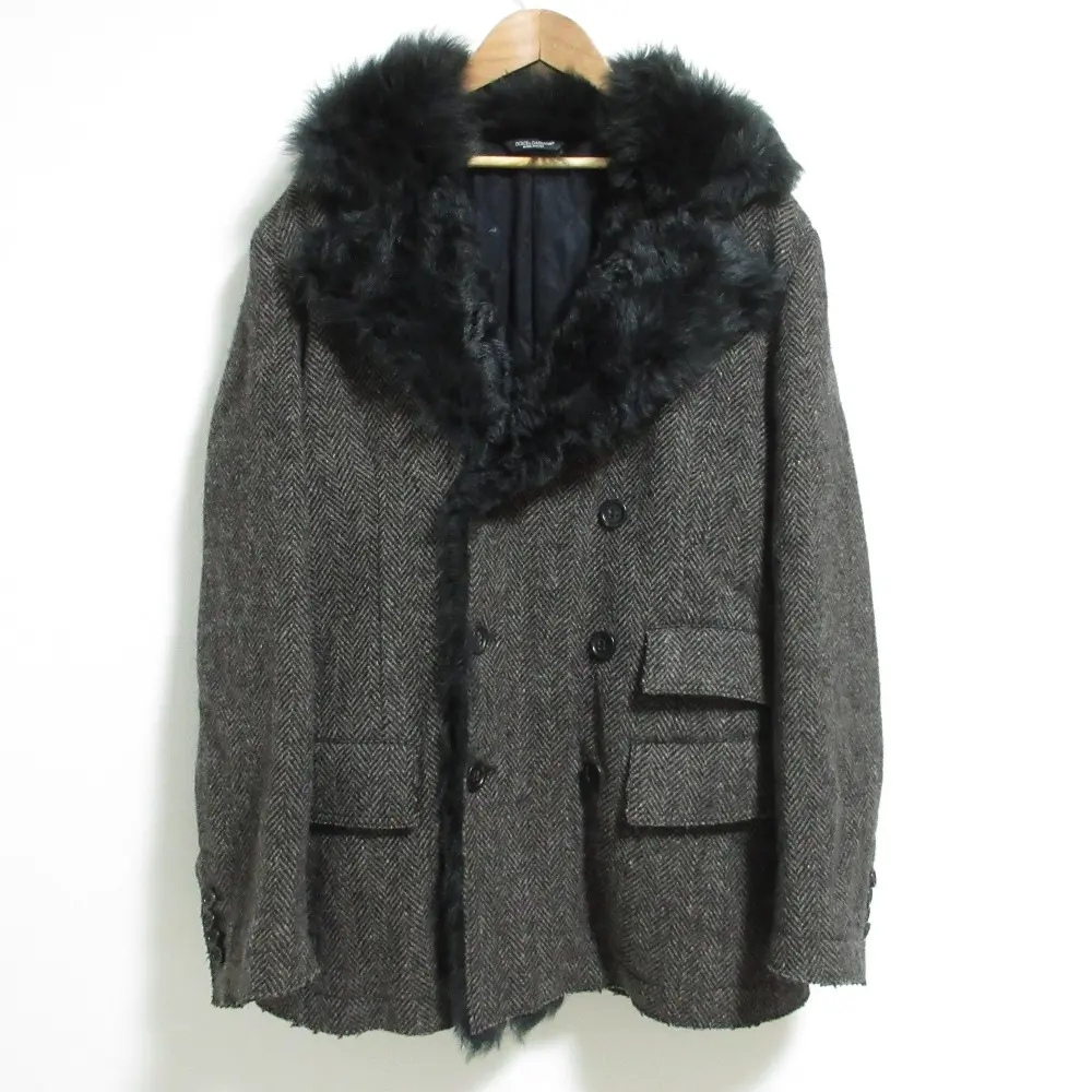 Pre-owned DOLCE & GABBANA Wool Small Leather Goods Dolce&Gabbana Shearling Trim Herringbone Coat