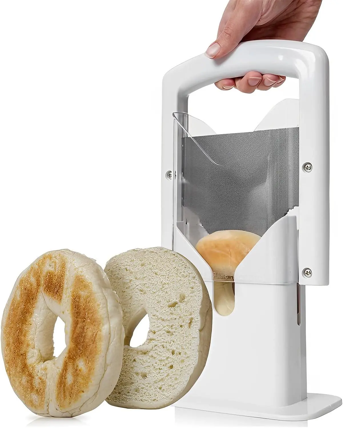 Slicer and Cutter with Safety Shield - Serrated Blade Cuts Bagels, Muffins, Buns and Rolls - Dishwasher Safe Bagel Guillotine, 9.25 Inches Tall, White (white)
