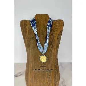 Poseidon Coin on Navy and White Scarf Necklace