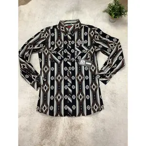 Men's Rock and roll B81 Southwestern printed long sleeve snap Dark brown