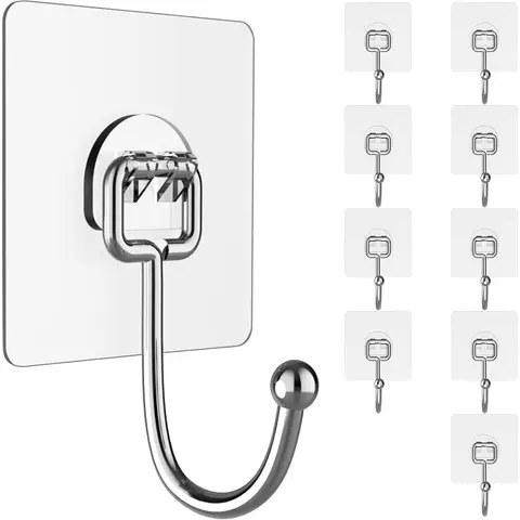 10/20 Packs Large Heavy-Duty Adhesive Wall Hooks & Rails, 44lb Max Load, Traceless Removable Waterproof Rustproof for Kitchen, Bathroom Home Organization