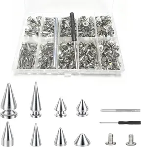 364 Sets Punk Spikes and Studs Kit, 8 Sizes Cone Spikes with Screws for Leather Jacket, Belt, Bag, Shoes - Includes Punch & Screwdriver for DIY Clothing & Craft Decoration
