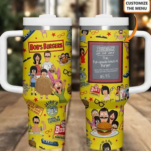 Bob’s Burgers 40oz Tumbler With Handle, Cartoon Family Cup, Custom Burger Menu Stainless Steel Travel Mug, Funny Animation Gift