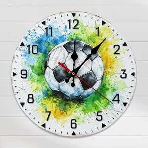 Watercolor Soccer Ball Wall Clock - 10/12in Sports Themed Wooden Clock, Vibrant Green Blue Decor for Kids Room, Game Room, Soccer Fans