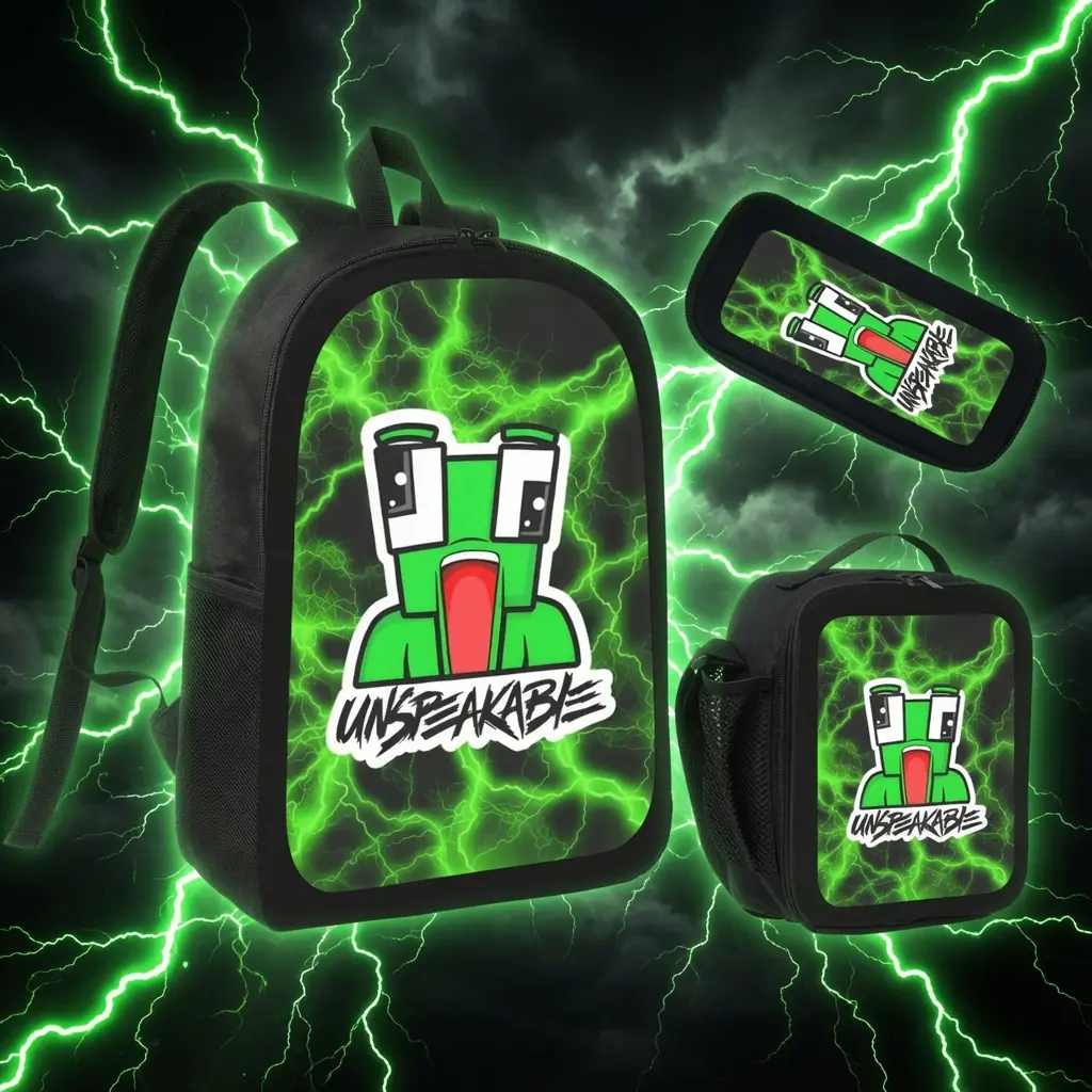 Unspeakable Gaming 3Pcs Backpack Set, 17 Inch Kids Teen Student Bookbag with Lunch Box & Pencil Case, Neon Green Lightning Unspeakable Character Print Oxford Rucksack, Trendy Youtuber School Bag Gift For Gaming Fans Daily Travel