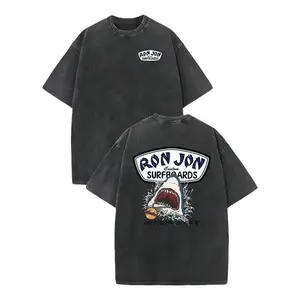 Shark Surfing Pattern Men's Summer Crew Neck Short Sleeve T-Shirt, Unisex, 230G Washed Cotton, High-Quality Double-Sided Print, Comfortable Fashion Retro Street Style, Ideal for Outdoor Sports, Beach Travel & Leisure, Perfect Gift
