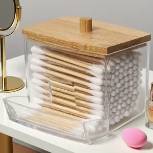 1pc Bamboo Lid Dustproof Acrylic Transparent Clear Storage Jar, Bathroom Cotton Swab Makeup Pad Organizer Box, Space Saving Home Use, Modern Style, Transparent Container