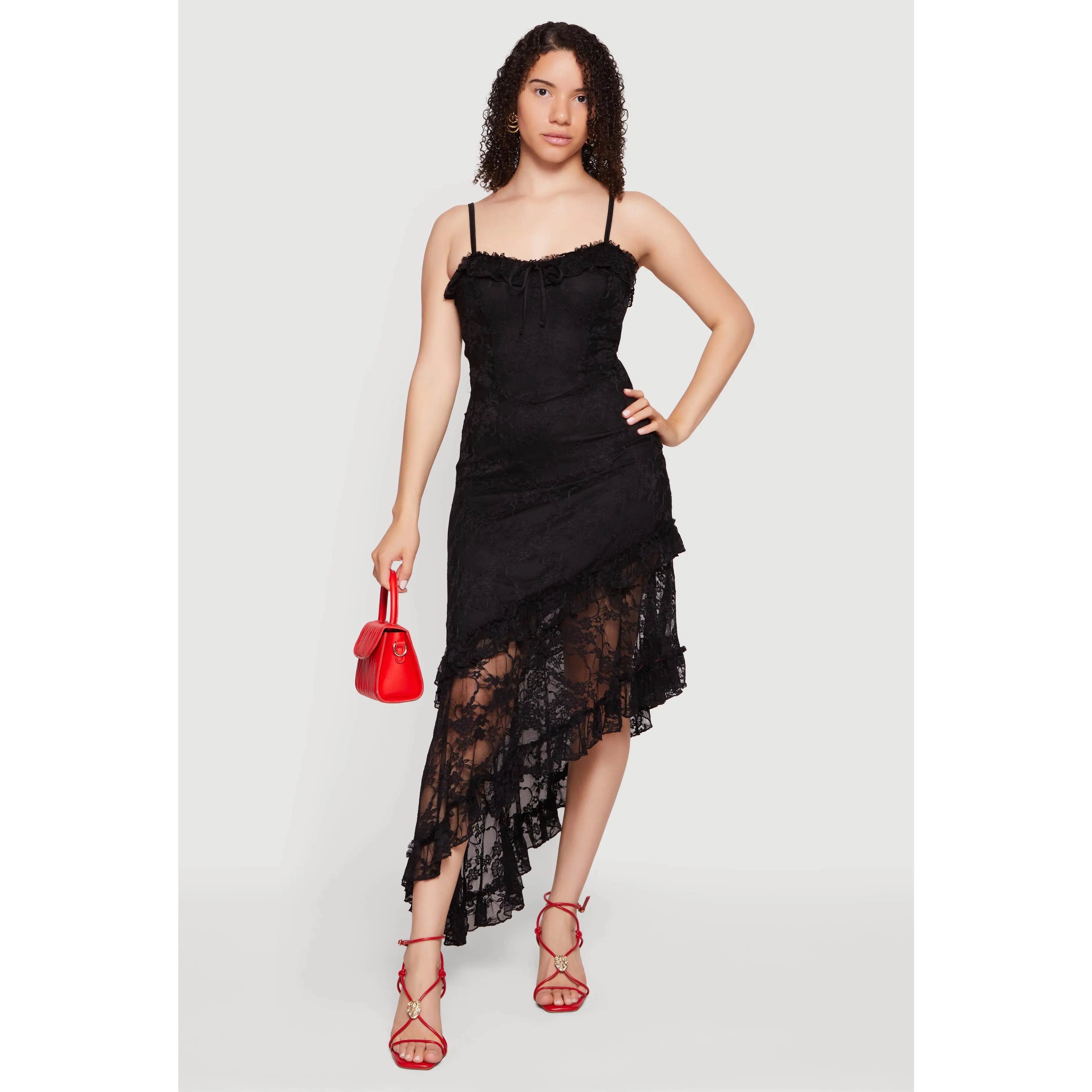 Lace Asymmetrical Ruffle Trim Maxi Dress