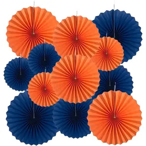 Royal Blue and Orange Paper Fans Party Decoration Wall Background Ceiling Hanging Decoration for Birthday Wedding Graduation Theme Party, 12pc