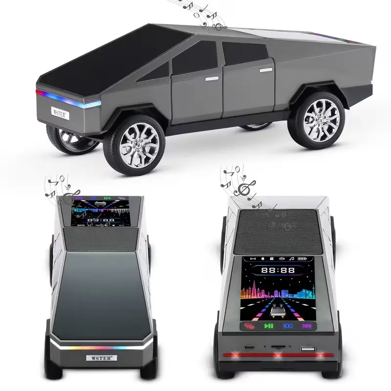 WS-580 Mini Car Bluetooth Speaker with Rear Light & Openable Cybertruck – Portable Wireless Stereo Sound, LED AUX USB TF FM, Compact Rechargeable Design for Home, Office, Travel & Car Décor