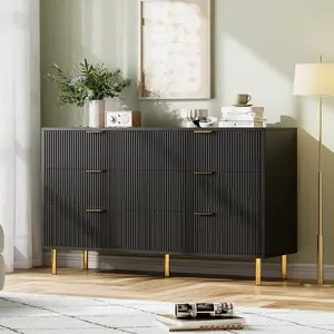 6 Drawer Wood Dresser for Bedroom with Gold Handles, Modern Wide Storage Chest with Metal Legs