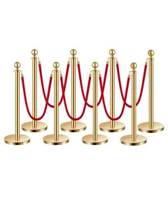 VEVOR Stanchions and Velvet Ropes 8Pcs,  Hollow Base with Stainless Steel Post, 6 Red Velvet Ropes and Posts, Crowd Control Barriers Gold Stanchions, Red Carpet Runner Poles for Party Supplies