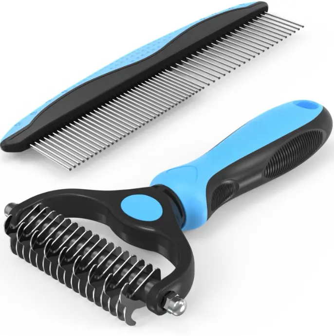 Pet Grooming Combo Kit - Blue Deshedding Tool, Metal Comb, Easy Grooming Brushes for Detangling, Dematting Long Matted Fur on Cats, Dogs