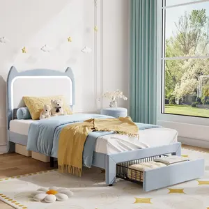 GAOMON Twin Upholstered LED Bed Frame with Storage Drawer & Cute Cat Headboard, Velvet Princess Platform Bed Frame with Sturdy Wood Slats Support for Girls/Kids, No Box Spring Needed,blue