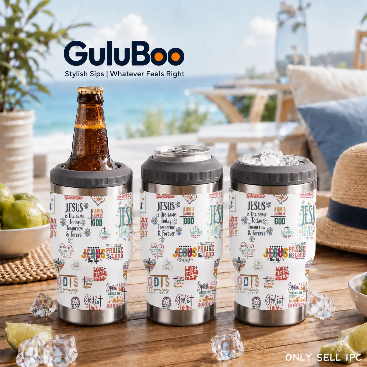 GuLuBoo 4-in-1 “Jesus Loves You” Insulated Can Cooler Tumbler, 12oz Stainless Steel Double Wall Vacuum Flask Drinkware Cup, Slide Lid, Built-in Bottle Opener, Fits All Cans & Bottles, Portable Coffee & Travel Mug Christian Gift