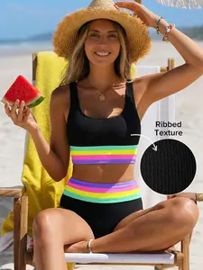 Popvil Women‘s Sport Colorblock Bikini Set, Highr-Waisted Tummy Control bottoms & Adjustable Strappy Back, Comy Neon Swimsuit for Beach