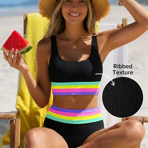 POPVIL Women's Colorblock Sport Bikinis Set - Adjustable Bikini Top with Detachable Shoulder Strap & Removable Pads, High Waisted Tummy Control Swimsuits, Classic Coverage Bathing Suit with Sporty Edge