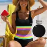 POPVIL Women's Colorblock Sport Bikinis Set - Adjustable Bikini Top with Detachable Shoulder Strap & Removable Pads, High Waisted Tummy Control Swimsuits, Classic Coverage Bathing Suit with Sporty Edge