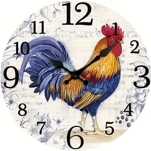 10 inch Vintage Rooster Design Silent Wall Clock - Battery Operated, Wooden Round Home Decor - No Batteries Included - For Living Room & Kitchen - Perfect Gift for Home Decor Lovers