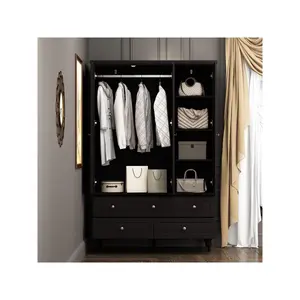 FUFU&GAGA 3 Door Wardrobe Armoire Closet with Mirror, Wooden Freestanding Wardrobe Cabinet with 5 Drawers & Hanging Rod Furniture Storage Organize Bedroom