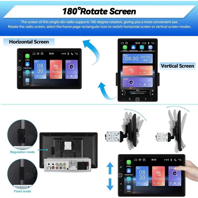 Single Din Car Stereo 10.4 inch Touchscreen 180°Rotate Vertical/Horizontal Screen Bluetooth Audio with Wireless CarPlay&Android Auto Mirror Link FM Radio USB EQ+ Backup Camera & MIC