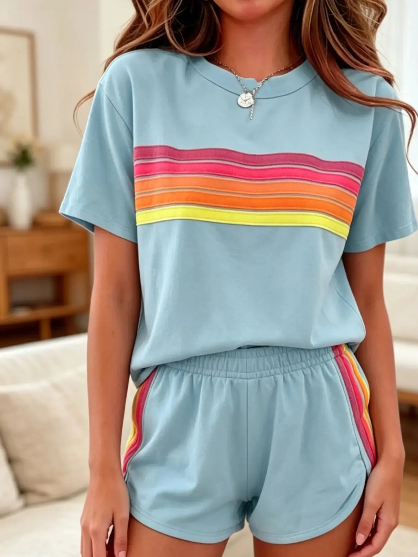 Women's Two-Piece Casual Athleisure Sportswear Set Loose Slim-Fit Rainbow Striped Summer Activewear Vacation Indoor Outdoor Sweatsuit Outfit Lightweight Breezy Lounge