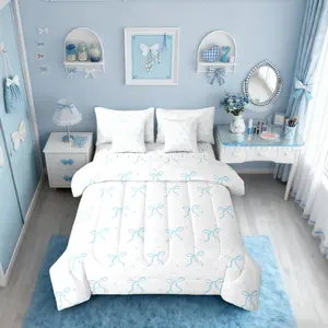 Kids Blue Bow Knot Bed in A Bag,Kawaii Bowknot Comforter Set with Sheets,Dreamy Princess 7 Pieces Bedding Set,Princess Galaxy Stars Comforter Set