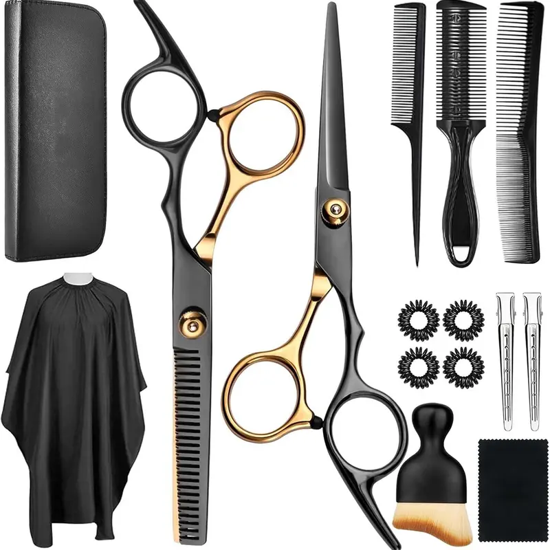 15-Piece Professional Stainless Steel Barber-Grade Hairdressing Tool Set - Salon-Grade Portable Hair Cutter Kit with Thinning Shears, Comb, Brush, Cape, Removable Case, Adjustable Tension Screw for Texturing, Clean Trimming, Blend Layers (Salon/Home Use)