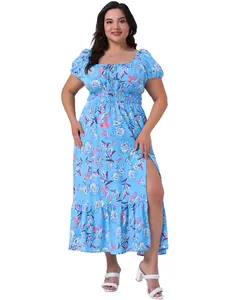 Agnes Orinda Women's Plus Size Dress Square Neck Floral Short Sleeve Side Slit A Line Maxi Floral Dress