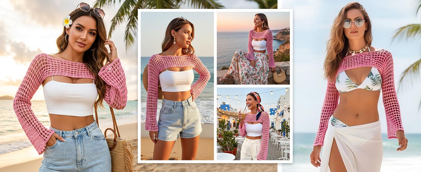 Mincib Womens Crochet Shrug Y2K Hollow Out Bolero Shrug See Through Cropped Knit Sweater Top Sexy Crochet Beach Bikini Cover Up Swimwear Coverups