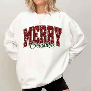 Sequin Print Merry Christmas Sweater, Trendy Christmas Crewneck, Winter Sweatshirt, Xmas Graphic Pullover, Cute Holiday Jumper