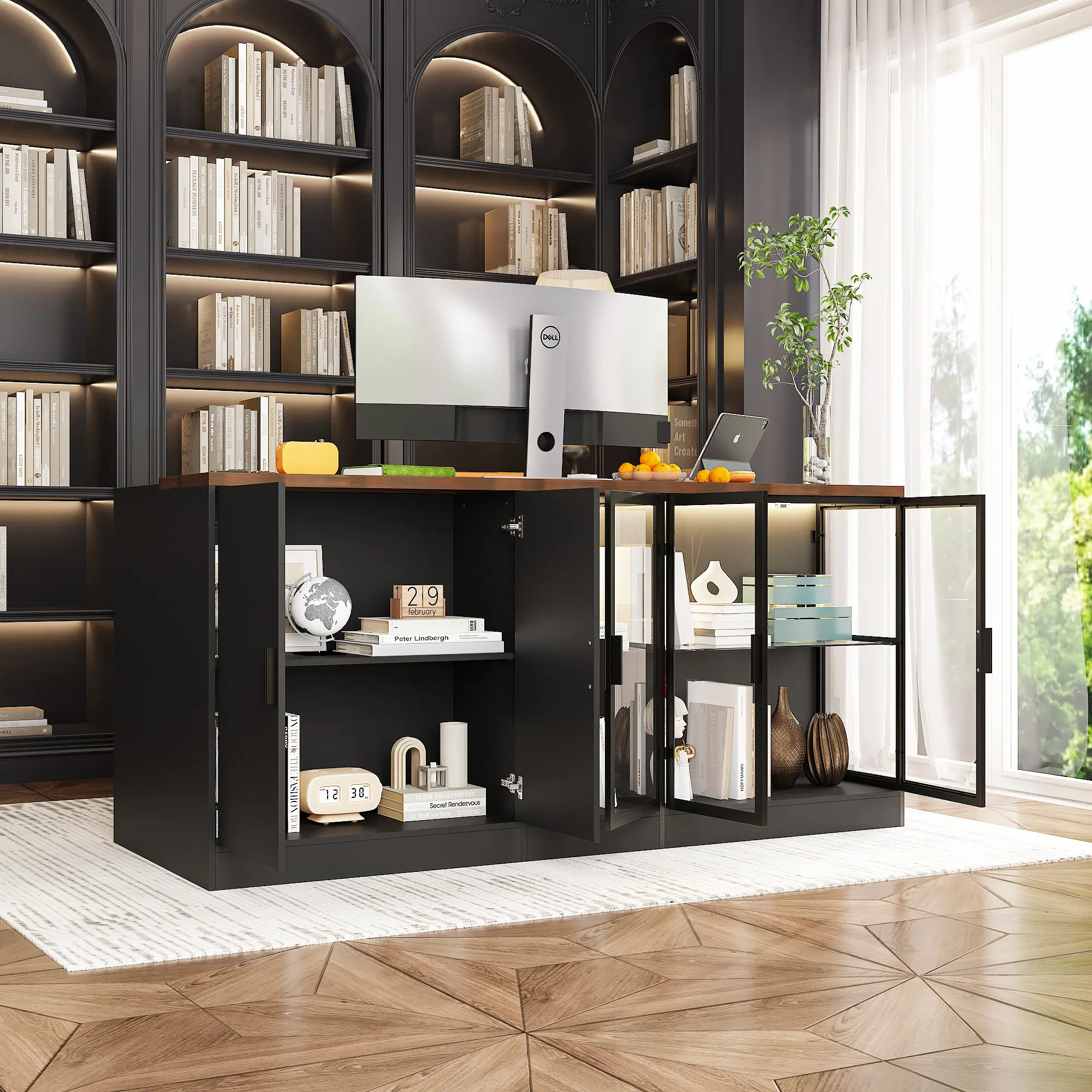 77.6" Glass Reception Desk - 3-Color LED Retail Counter with Display Shelf & Drawers for Salons/Shops Bookshelf