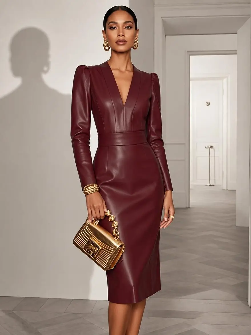 FEHAUTE Burgundy Faux Leather Midi Dress Long Sleeve Deep V Neck Puff Sleeve Sheath Bodycon Outfit for Cocktail Evening Party Formal Womenswear