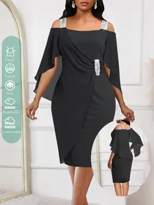 Women's Elegant Lace Patchwork Chiffon One-Shoulder Bodycon Split Dress, Fashion Party Wear, All Seasons, Fitted Style