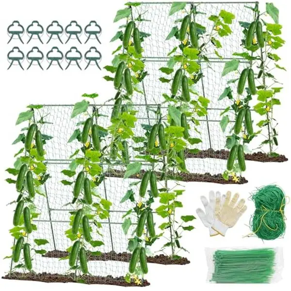 MQHUAYU 2PCS Durable Metal-and-PE Coated Garden Trellis with Nylon Climbing Net, Adjustable Raised Bed Support, Anti-Slip Base, Clips, Zip Ties, Humanized Design for Flowers, Vegetables, Courtyards (Plant Stability Enhancer, Outdoor Garden Accessory)
