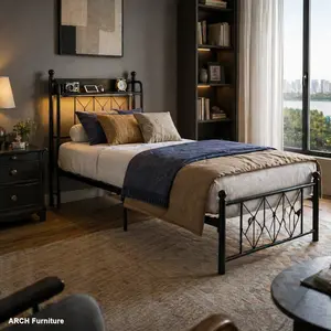 ARCH Twin Metal Bed Frame with Headboard, MDF+Metal Solid Stable Noise-Free Structure, Built-In Charging Station & LED Lights, 800lbs Weight Capacity, No Box Spring Needed, Quick Easy Assembly, Twin Bed Frame, Headboard Bed Frames