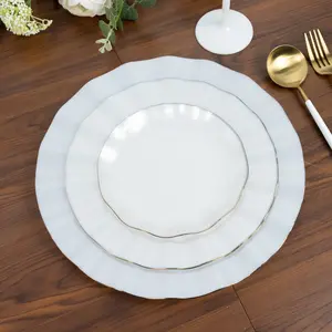 10-Pack Plastic Round Dessert Plates 6" Pearl White Ruffled Rim with Gold Edging - Heavy Duty Disposable Salad Appetizer Dinnerware
