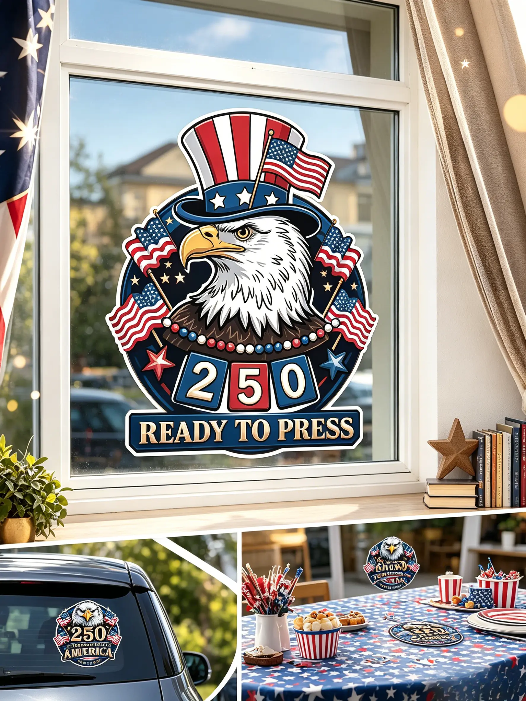 5 PCS Vintage US Patriotic Wall Decal Set - 250th American Independence Day Stickers with Flag, Eagle, Statue of Liberty Designs, Smooth Self-Adhesive Removable Metal Decoration for Home Glass, Car Door Holiday Gift