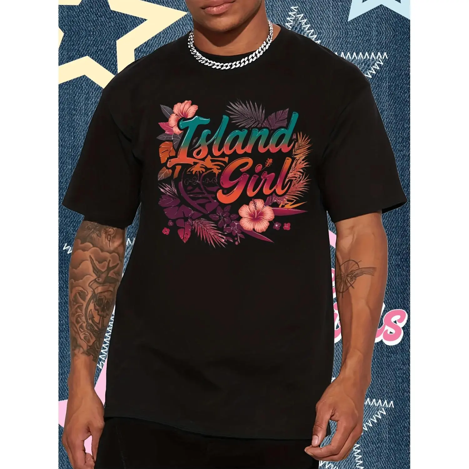 Menswear Round Neck Short-Sleeve Casual Streetwear Unisex Guam Chamorro Island T-Shirt, Featuring Tropical Cultural Graphics, Chamorro Text, and Hibiscus Flower Design in Vibrant Colors, Ideal for Summer Beachwear