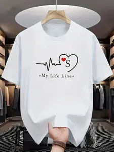 Men'S Lifeline Graphic T-Shirt in English, Made of 100%, Suitable for Casual Wear in All Seasons, Solid Color with Red Heart Print, a Perfect Gift for Uncles, Family Fun, Formal Style, Short Sleeves, Round Neck
