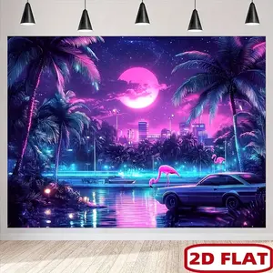 1pc Retro 80s Miami Theme Polyester Banner - Neon Flamingos, Palm Trees & Vintage Cars Design - Durable Fabric Backdrop for Valentine's Day, Parties, Home Decor, Studio, Booth Props - Vibran