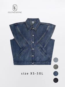 Women's Collared Vintage Bohemian Denim Sleeveless Blazer Vest - Plussize Basic Minimalist Clothes, Wide Shoulders, Slit Pockets, Button-Front Closure, Fitted Chic Style for Casual Winter-Summer Wear,summerwins,summeroutfits,vacationoutfits,beachoutfits