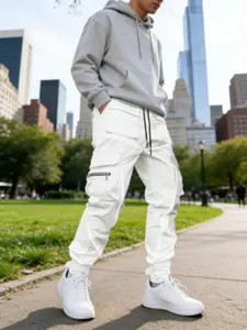 Men's High Street Trendy Cargo Pants, Reflective Line Design, Multi-Pocket Zipper Workwear Pants, Fashionable Men's Casual Trousers