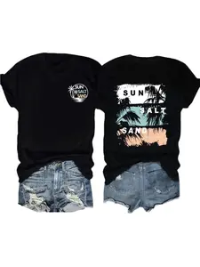 Women's Letter & Palm Tree Print Round Neck Tee, Casual Short Sleeve Crew Neck T-shirt for Summer, Fashion Women's Top for Daily Wear